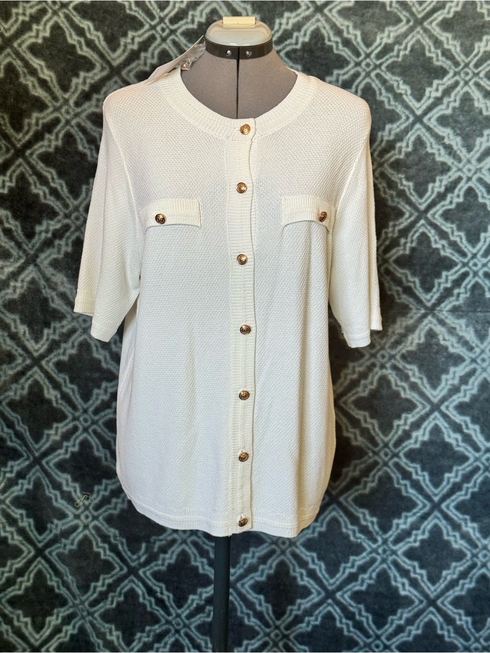 Button-Front Cream Knit Top with Patch Pockets